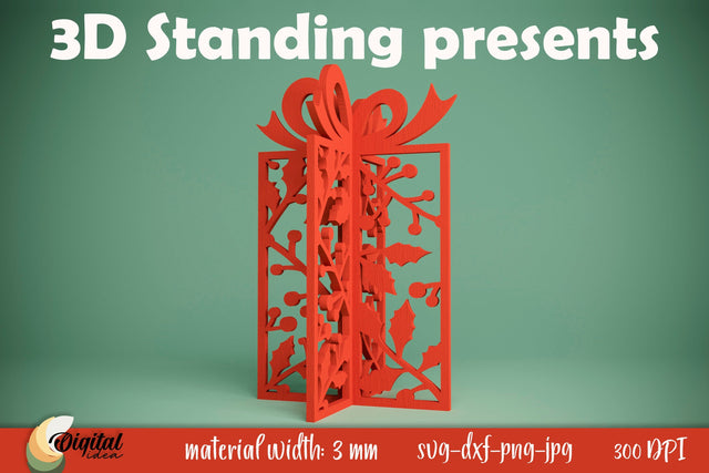 3D Standing Present. Christmas Gift Laser Cut. Mistletoe SVG SVG Evgenyia Guschina 