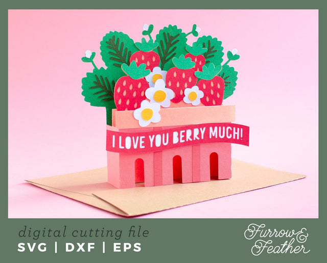 3D Strawberry Basket Box Card 3D Paper Furrow and Feather SVG 