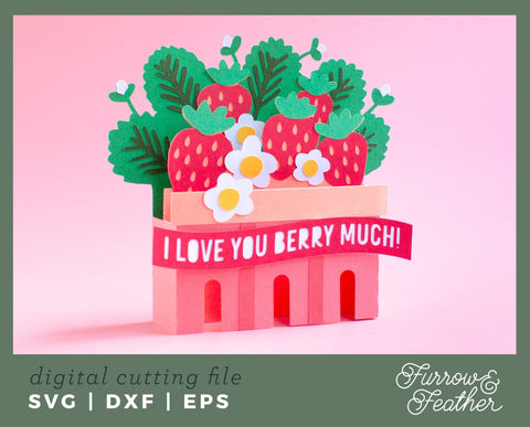 3D Strawberry Basket Box Card 3D Paper Furrow and Feather SVG 