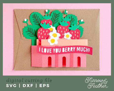 3D Strawberry Basket Box Card 3D Paper Furrow and Feather SVG 