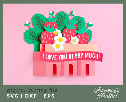 3D Strawberry Basket Box Card 3D Paper Furrow and Feather SVG 