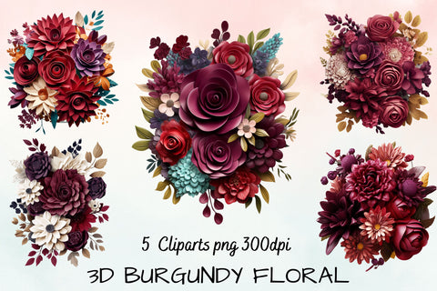 3d sublimation Burgundy Floral Bouquet Clipart Bundle, 3D Sublimation FloridPrintables 