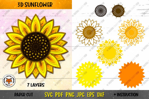 3D Sunflower Mandala SVG, Sunflower Paper Cut SVG 3D Paper Digital Craftyfox 