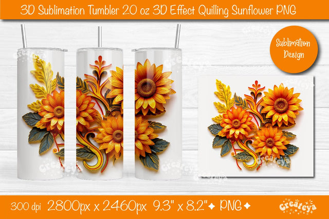 3d Sunflower tumbler Sunflower 3d sublimation tumbler wrap 3d Quilling tumbler 3D Tumbler 20 Oz sublimation design Sublimation Createya Design 