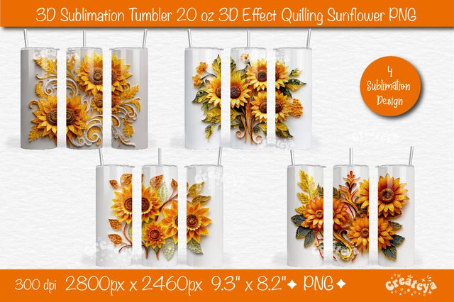 3d Sunflower tumbler wrap Bundle Sunflower 3d sublimation tumbler bundle 3d Quilling tumbler 3D Tumbler 20 Oz sublimation design Sublimation Createya Design 