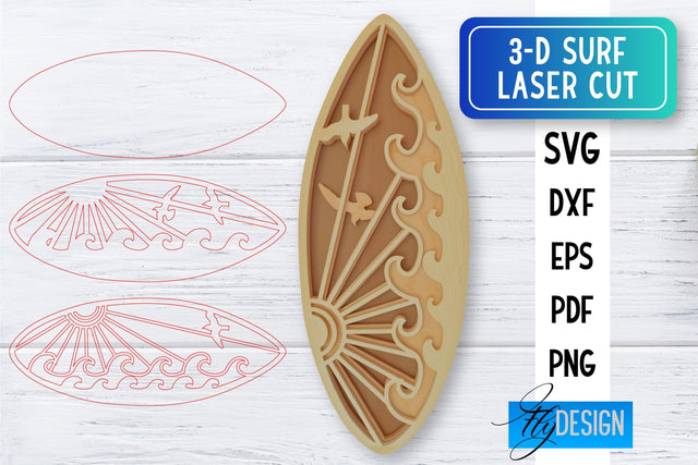 3D Surf Laser Cut SVG | Summer SVG | Surfing CNC Files SVG Fly Design 