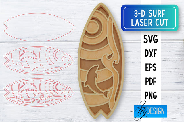 3D Surf Laser Cut SVG | Summer SVG | Surfing CNC Files SVG Fly Design 