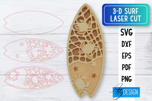 3D Surf Laser Cut SVG | Summer SVG | Surfing CNC Files SVG Fly Design 