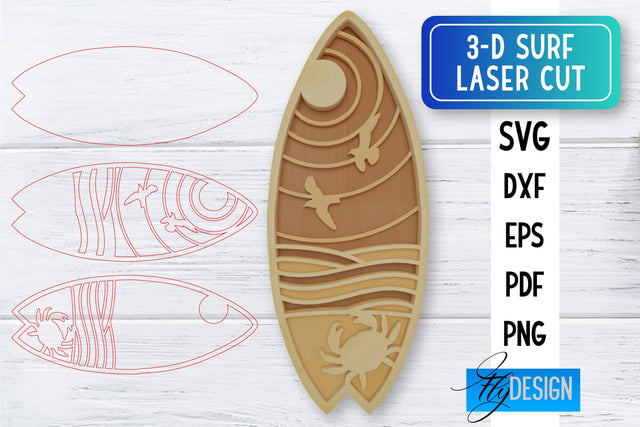 3D Surf Laser Cut SVG | Summer SVG | Surfing CNC Files SVG Fly Design 