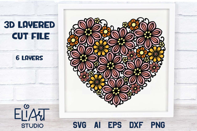 3d SVG Floral Heart, Valentines Day SVG Cut File, Layered SVG Heart. 3D Paper Elinorka 