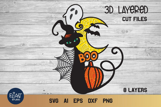 3D SVG Layered Halloween, Pumpkin SVG, Moon SVG. 3D Paper Elinorka 