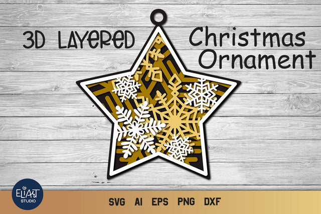 3d SVG Star Ornament, Layered SVG Christmas Star, Christmas Ornament with Snowflakes. 3D Paper Elinorka 
