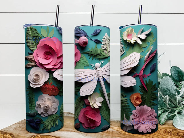 3D Torn Paper Collage Dragonfly And Flowers 20oz Skinny Tumbler Png, 3D Paper Dragonfly Tumbler Png, 3D Dragonfly Floral Tumbler, Colorful Dragonfly Paper Quilling Sublimation Design Sublimation iStyleDesign 