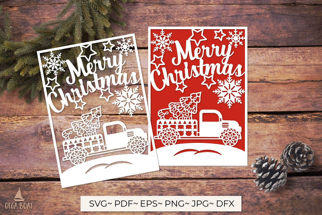 3d Truck with christmas tree svg | Merry christmas card 3D Paper Olga Boat Design 