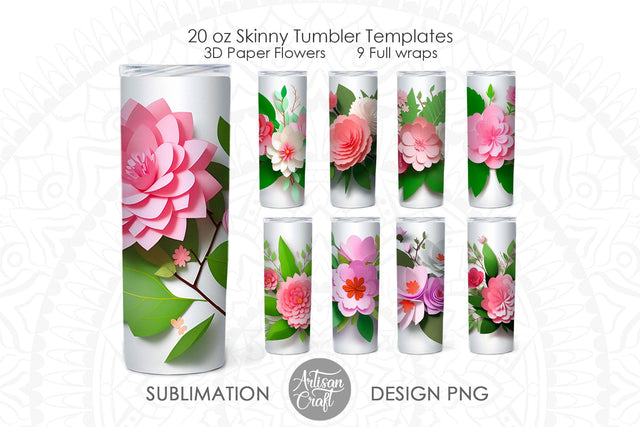 3D Tumbler wrap bundle, 20oz skinny tumbler, 3D pink paper flowers Sublimation Artisan Craft SVG 