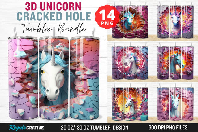 3D Unicorn Cracked Hole Tumbler Bundle Sublimation Regulrcrative 