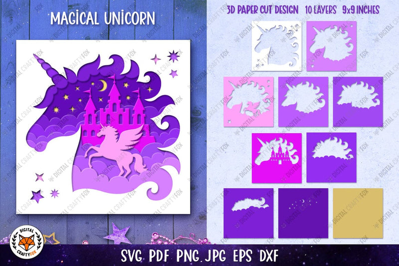 3D Unicorn Shadow Box SVG | Unicorn Paper Cut Template SVG 3D Paper Digital Craftyfox 