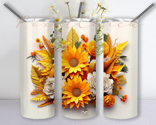 3D Vector Sunflowers And Florals 20 oz Skinny Tumbler Sublimation Design, White Background Png, Beautyfull Sunflower Tumbler Wrap, 3D Tumbler Wrap, Tumbler Wrap Design Png Sublimation PixelChick 