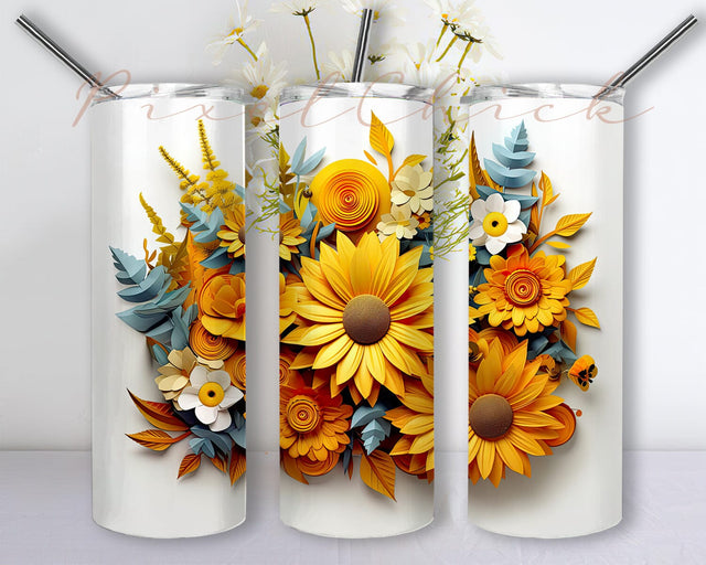 3D Vector Sunflowers And Florals 20 oz Skinny Tumbler Sublimation Design, White Background Png, Beautyfull Sunflower Tumbler Wrap, 3D Tumbler Wrap, Tumbler Wrap Design Png Sublimation PixelChick 