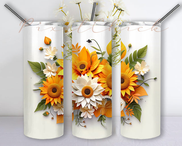 3D Vector Sunflowers And Florals 20 oz Skinny Tumbler Sublimation Design, White Background Png, Beautyfull Sunflower Tumbler Wrap, 3D Tumbler Wrap, Tumbler Wrap Design Png Sublimation PixelChick 