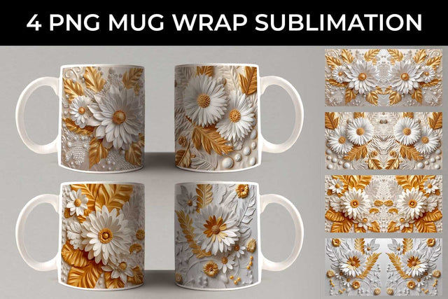 3D white Calendula Flowers Mug Sublimation PNG Bundle Sublimation Sintegra 