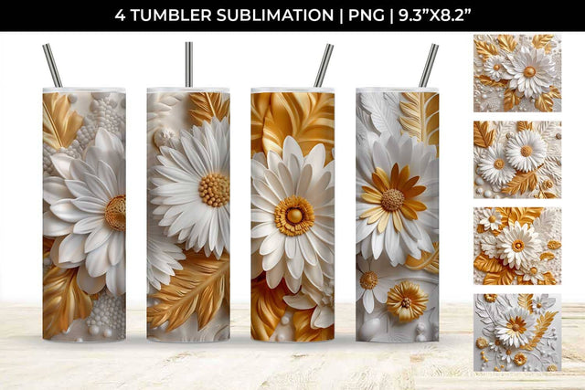 3D white Calendula Flowers Tumbler Wrap 20 oz Sublimation PNG Bundle Free For Commercial Use Sublimation Sintegra 