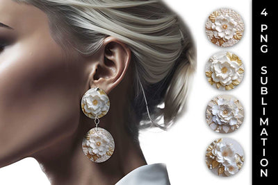 3D white Camellia Flowers Earrings Sublimation PNG Bundle Free For Commercial Use Sublimation Sintegra 