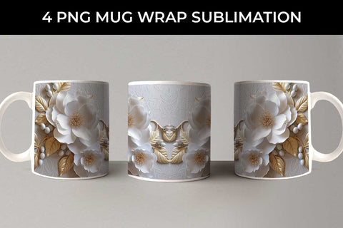 3D white Camellia Flowers Mug Sublimation PNG Bundle Free For Commercial Use Sublimation Sintegra 