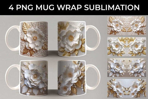 3D white Camellia Flowers Mug Sublimation PNG Bundle Free For Commercial Use Sublimation Sintegra 
