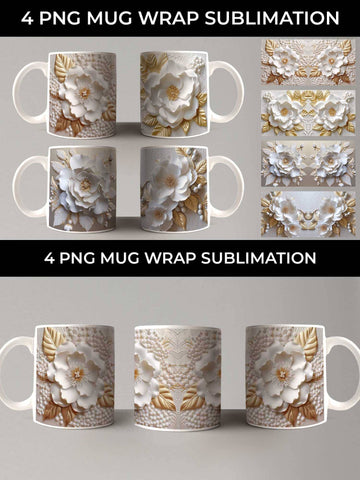 3D white Camellia Flowers Mug Sublimation PNG Bundle Free For Commercial Use Sublimation Sintegra 