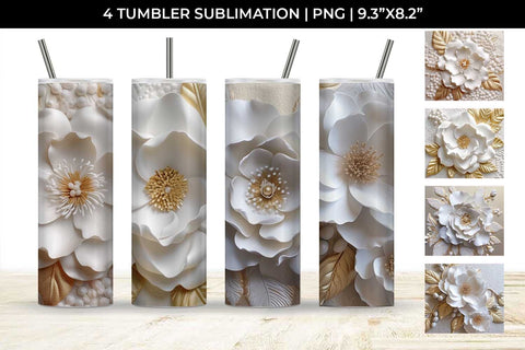 3D white Camellia Flowers Tumbler Wrap 20 oz Sublimation PNG Bundle Free For Commercial Use Sublimation Sintegra 