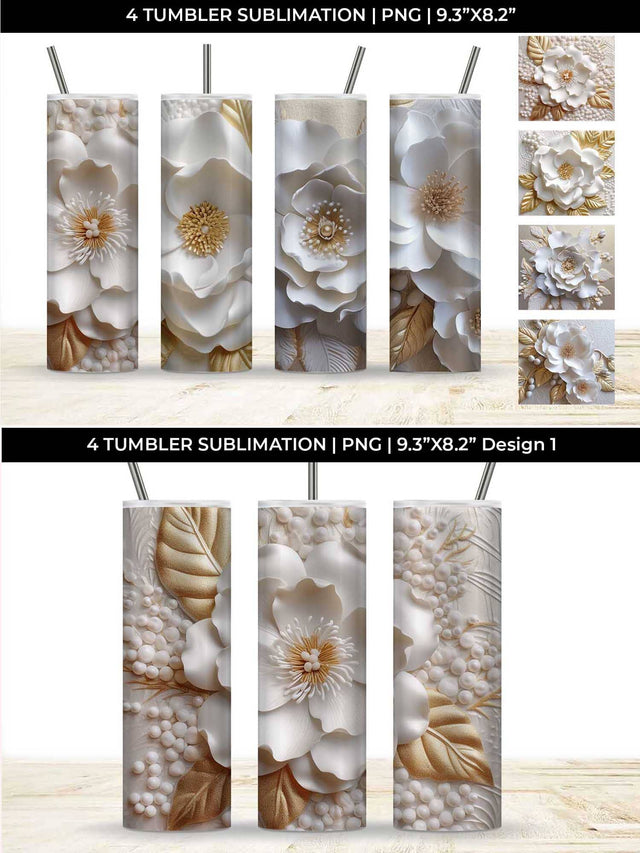 3D white Camellia Flowers Tumbler Wrap 20 oz Sublimation PNG Bundle Free For Commercial Use Sublimation Sintegra 