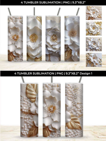3D white Camellia Flowers Tumbler Wrap 20 oz Sublimation PNG Bundle Free For Commercial Use Sublimation Sintegra 