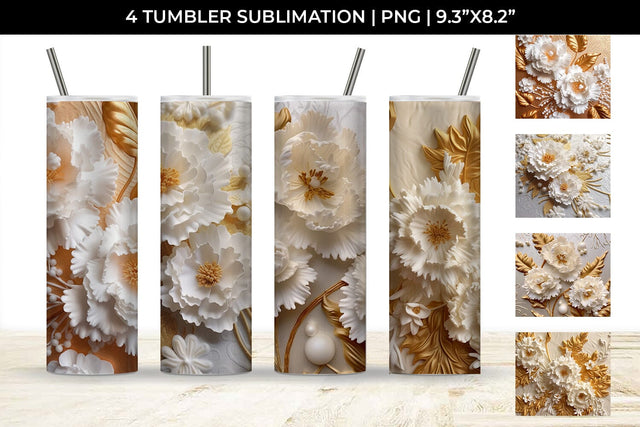 3D white Carnation Flowers Tumbler Wrap 20 oz Sublimation PNG Bundle Free For Commercial Use Sublimation Sintegra 