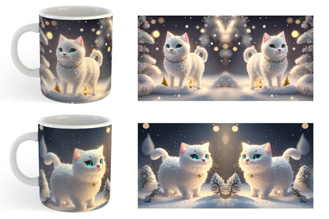 3D White Cat Christmas snow Mug Wrap | Sublimation Coffee Cup Sublimation artnoy 