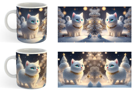 3D White Cat Christmas snow Mug Wrap | Sublimation Coffee Cup Sublimation artnoy 