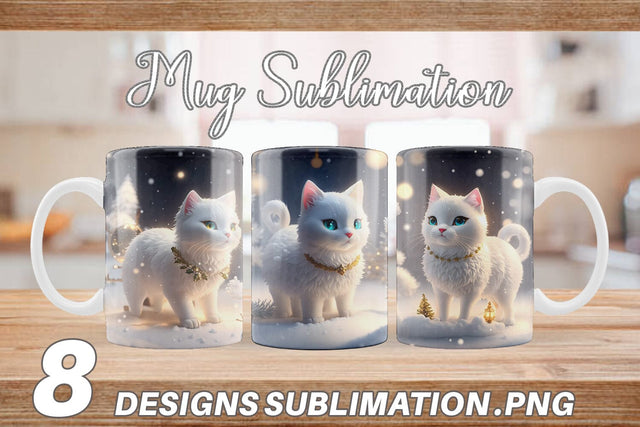 3D White Cat Christmas snow Mug Wrap | Sublimation Coffee Cup Sublimation artnoy 