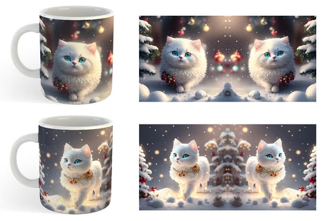 3D White Cat Christmas snow Mug Wrap | Sublimation Coffee Cup Sublimation artnoy 