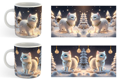 3D White Cat Christmas snow Mug Wrap | Sublimation Coffee Cup Sublimation artnoy 