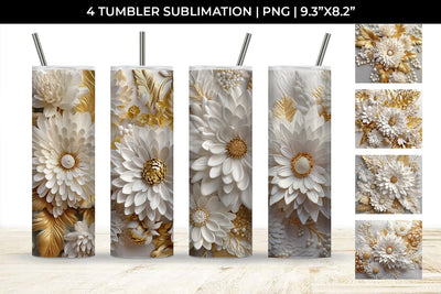 3D white Chrysanthemum Flowers Tumbler Wrap 20 oz Sublimation PNG Bundle Free For Commercial Use Sublimation Sintegra 