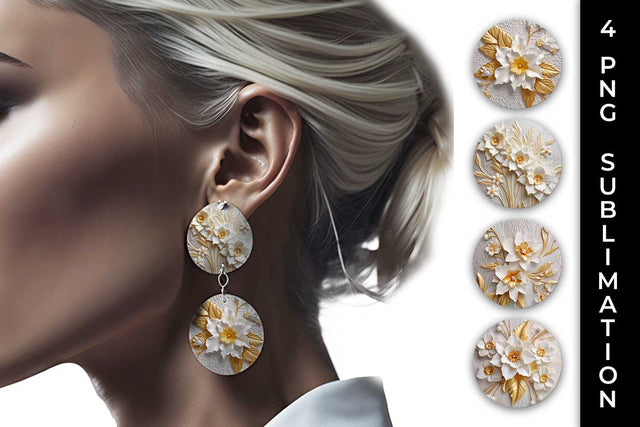 3D white Daffodil Flowers Earrings Sublimation PNG Bundle Free For Commercial Use Sublimation Sintegra 