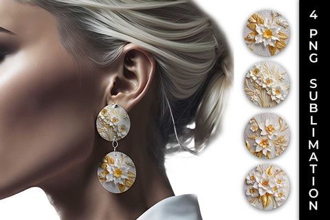 3D white Daffodil Flowers Earrings Sublimation PNG Bundle Free For Commercial Use Sublimation Sintegra 