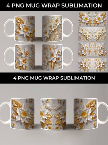 3D white Daffodil Flowers Mug Sublimation PNG Bundle Free For Commercial Use Sublimation Sintegra 