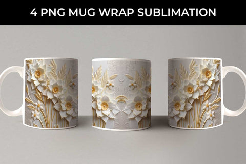 3D white Daffodil Flowers Mug Sublimation PNG Bundle Free For Commercial Use Sublimation Sintegra 