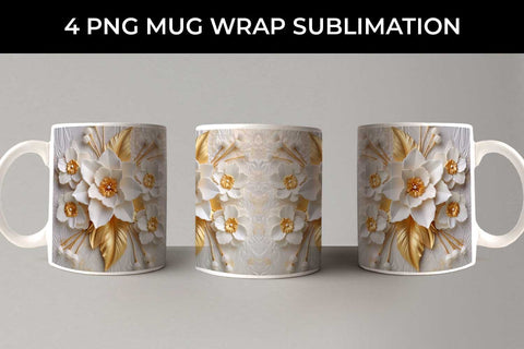 3D white Daffodil Flowers Mug Sublimation PNG Bundle Free For Commercial Use Sublimation Sintegra 