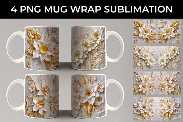 3D white Daffodil Flowers Mug Sublimation PNG Bundle Free For Commercial Use Sublimation Sintegra 