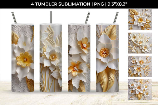 3D white Daffodil Flowers Tumbler Wrap 20 oz Sublimation PNG Bundle Free For Commercial Use Sublimation Sintegra 
