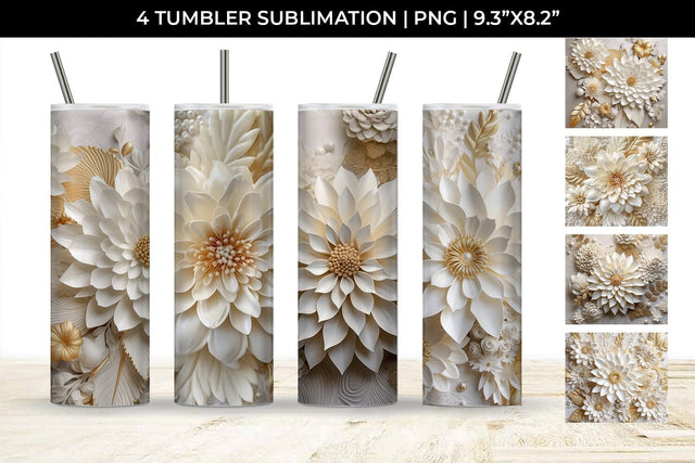 3D white Dahlias Flowers Tumbler Wrap 20 oz Sublimation PNG Bundle Free For Commercial Use Sublimation Sintegra 