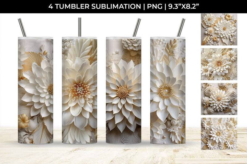 3D white Dahlias Flowers Tumbler Wrap 20 oz Sublimation PNG Bundle Free For Commercial Use Sublimation Sintegra 