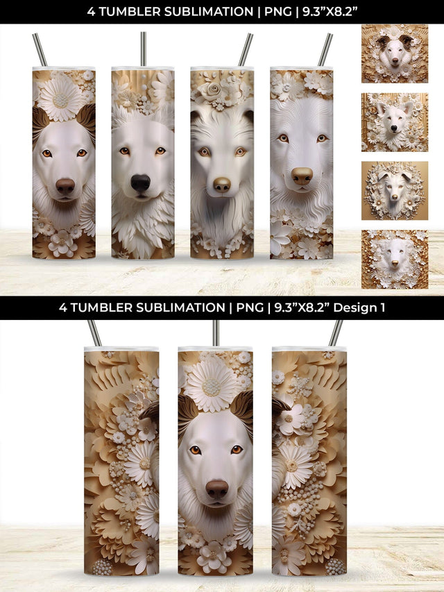 3D white Floral Border Collie Dog Tumbler Wrap 20 oz Sublimation PNG Bundle Free For Commercial Use Sublimation Sintegra 